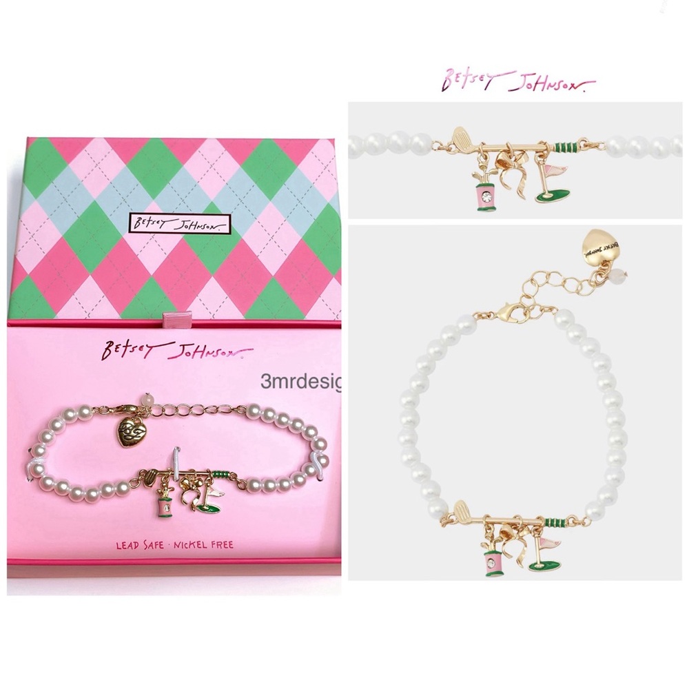 NWT Betsey Johnson 💋GOLF FRONTAL Gold Tone Glass Crystals/ Faux Pearl Bracelet - Picture 5 of 8